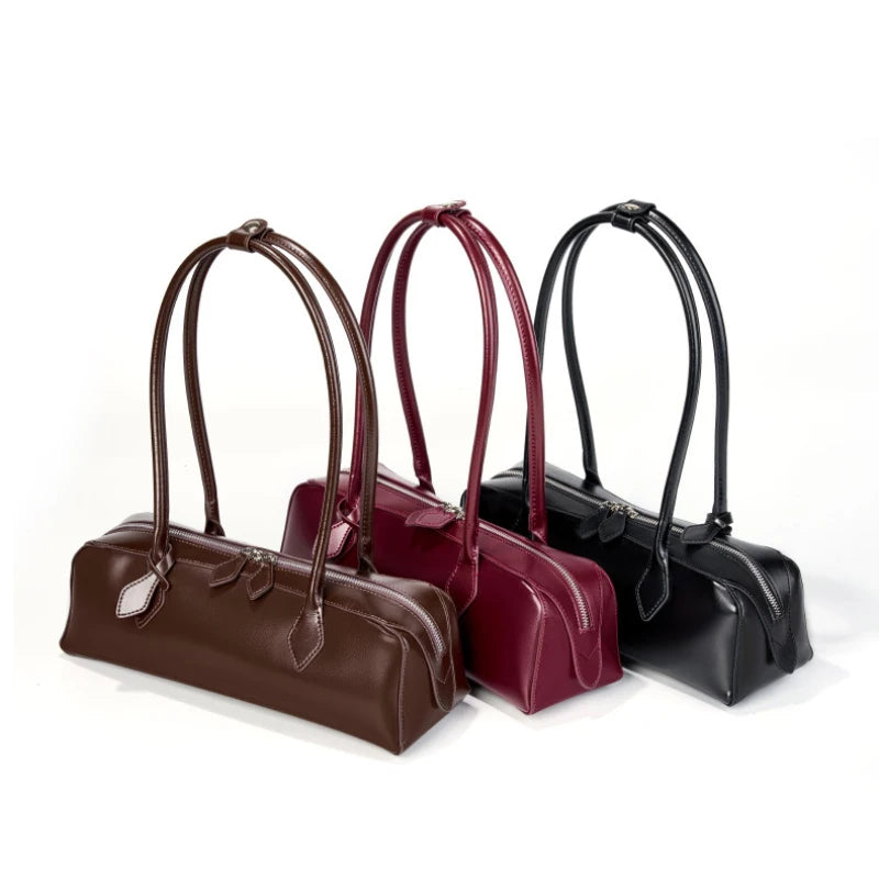 Wine Red Rectangular Underarm Bags For Women Genuine Leather Elegant Daily Shoulder Bags Fashion Designer Handbag Shopping Bag