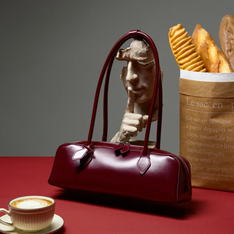 Wine Red Rectangular Underarm Bags For Women Genuine Leather Elegant Daily Shoulder Bags Fashion Designer Handbag Shopping Bag