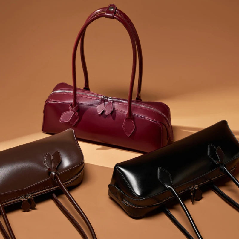 Wine Red Rectangular Underarm Bags For Women Genuine Leather Elegant Daily Shoulder Bags Fashion Designer Handbag Shopping Bag