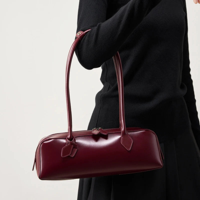 Wine Red Rectangular Underarm Bags For Women Genuine Leather Elegant Daily Shoulder Bags Fashion Designer Handbag Shopping Bag